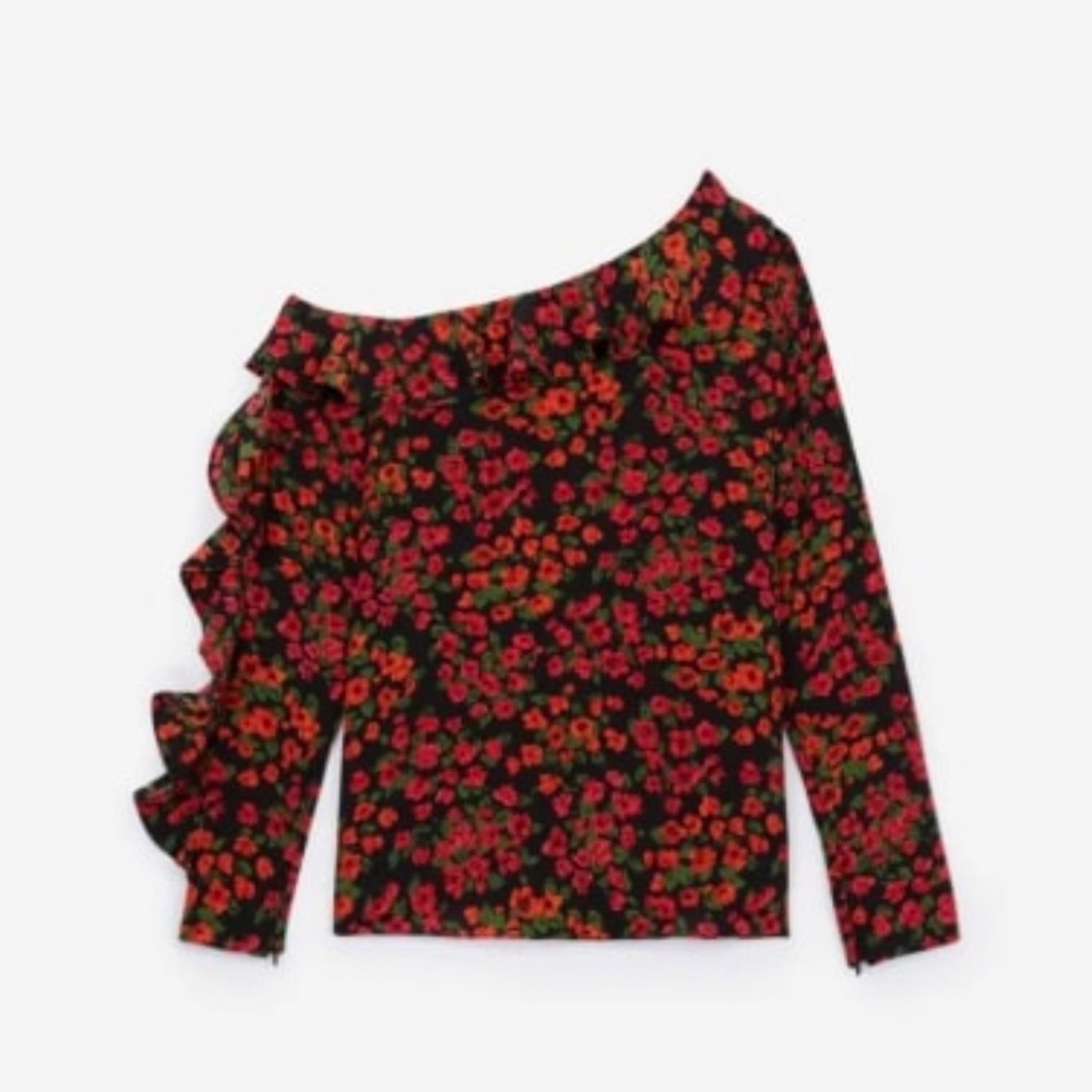 The Kooples off one shoulder floral silk blouse/top/shirt w/ruffles red sz Large
